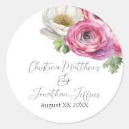 ロマンチックな水彩ピンクと白のラナンキュラス ラウンドシール