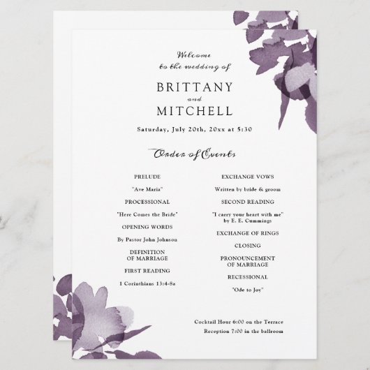 ロマンチックな水彩フローラアメジストプログラム 招待状 (正面/裏面)