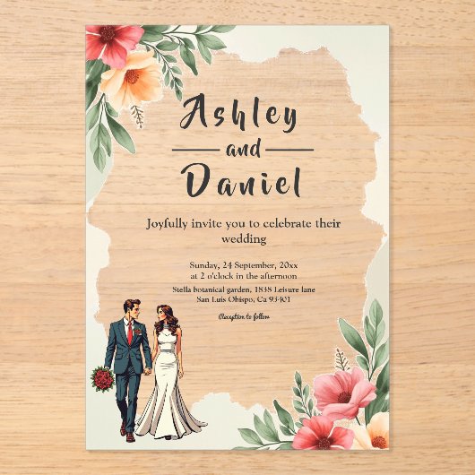 ロマンチックな水彩フローラ新郎新婦結婚ズ アクリル招待状 (正面)