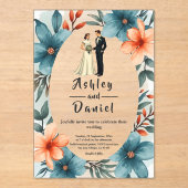 ロマンチックな水彩フローラ新郎新婦結婚ズ アクリル招待状 (正面)