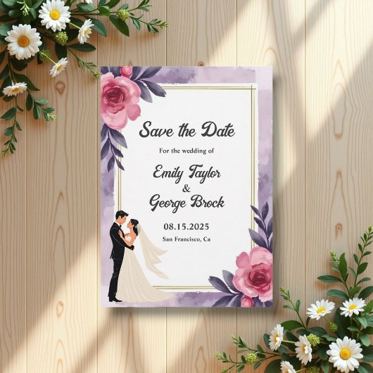 ロマンチックな水彩フローラ新郎新婦結婚ズ セーブザデート