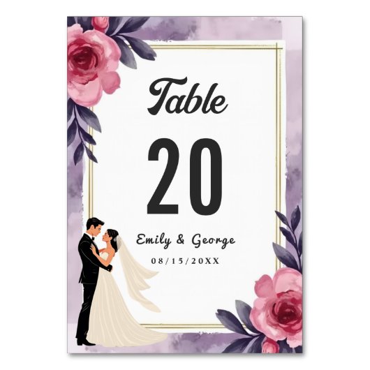 ロマンチックな水彩フローラ新郎新婦結婚ズ テーブルナンバー (正面)