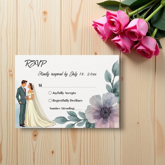 ロマンチックな水彩フローラ新郎新婦結婚ズ 出欠カード