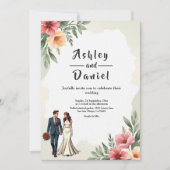 ロマンチックな水彩フローラ新郎新婦結婚ズ 招待状 (正面)
