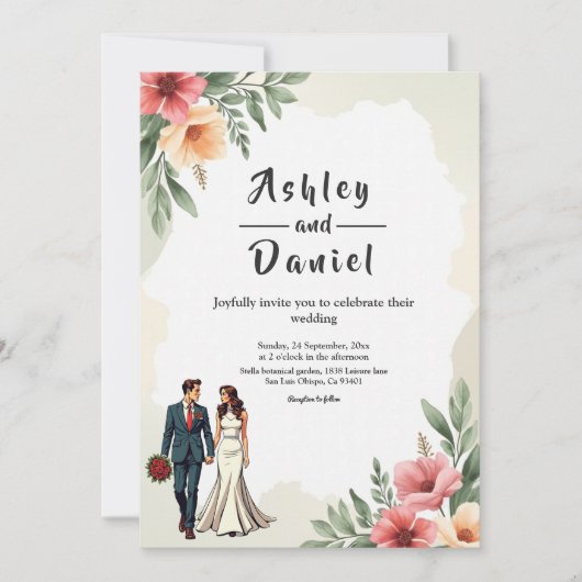 ロマンチックな水彩フローラ新郎新婦結婚ズ 招待状 (正面)