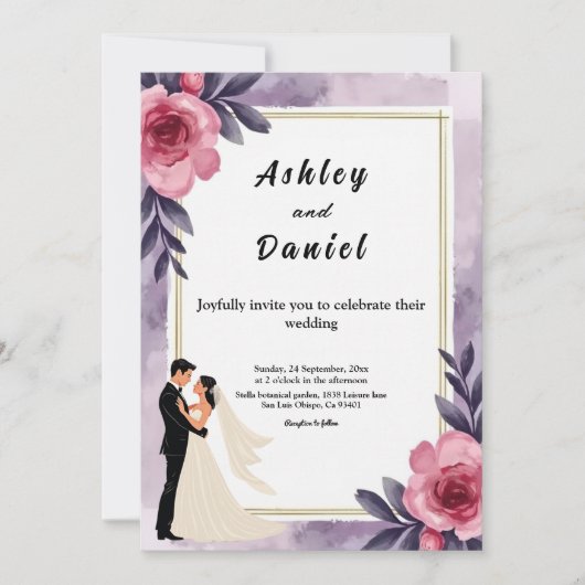 ロマンチックな水彩フローラ新郎新婦結婚ズ 招待状 (正面)