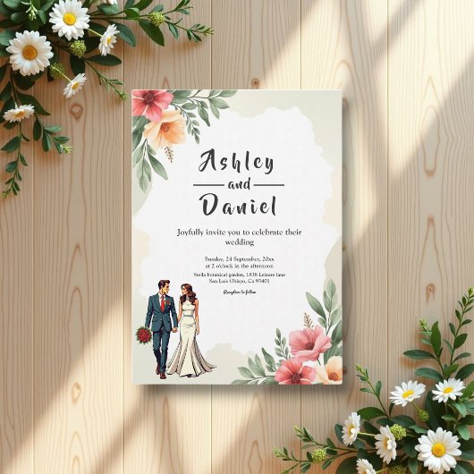 ロマンチックな水彩フローラ新郎新婦結婚ズ 招待状