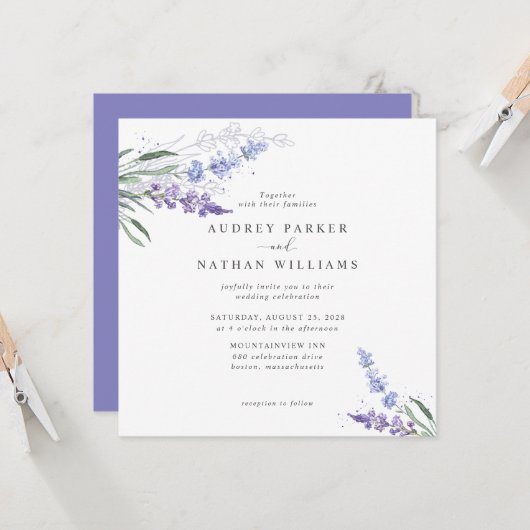 ロマンチックな水彩ラベンダー花のウェディング 招待状 (正面/裏面インサイチュ)