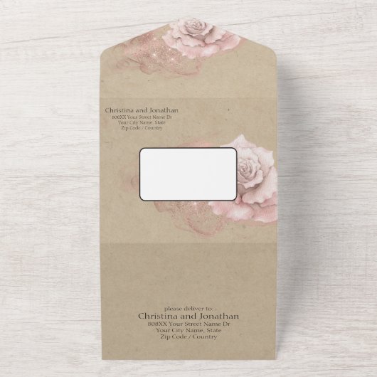 ロマンチックな水彩ローズのラスティックグリッターウェディング オールインワン招待状 (外側)