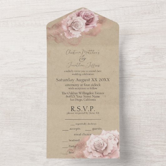 ロマンチックな水彩ローズのラスティックグリッターウェディング オールインワン招待状 (内側)