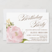 ロマンチックな水彩牡丹の花の誕生日パーティー 招待状 (正面)