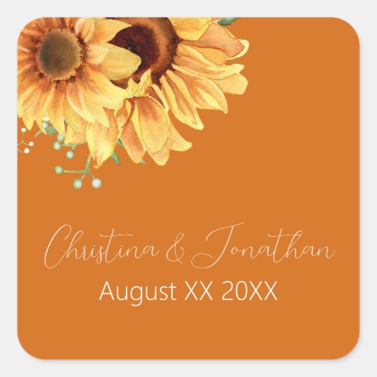 ロマンチックな水彩画のひまわりがオレンジ色に焼けた スクエアシール (正面)