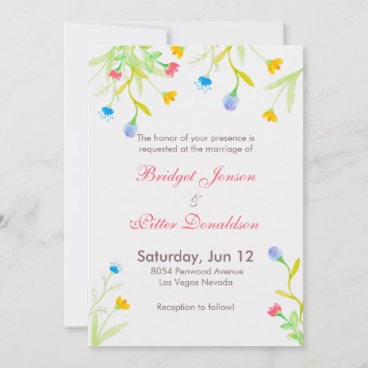 ロマンチックな水彩画のカラフルな花のウェディング 招待状 (正面)