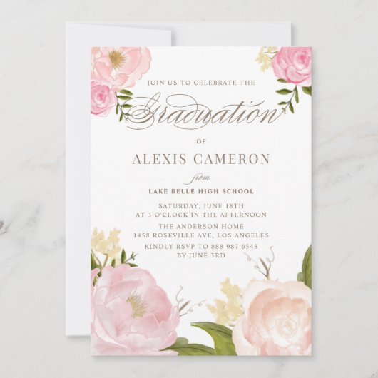 ロマンチックな水彩画のシャクヤクの卒業の招待状 招待状 (正面)