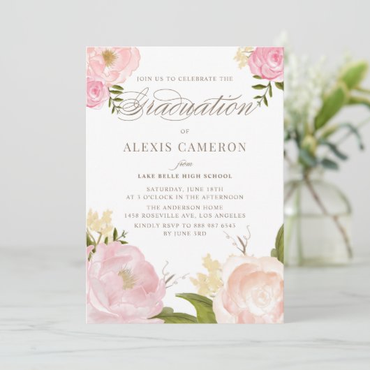ロマンチックな水彩画のシャクヤクの卒業の招待状 招待状 (スタンド正面)