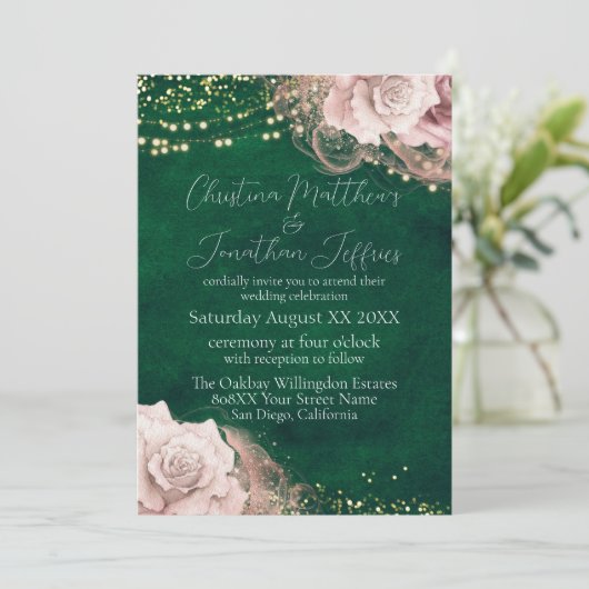 ロマンチックな水彩画のバラのエメラルドグリーンのウェディング 招待状 (スタンド正面)