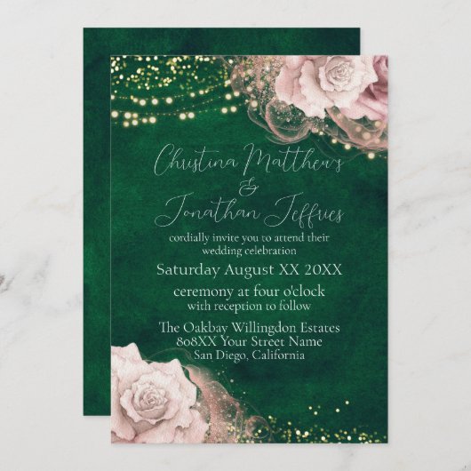 ロマンチックな水彩画のバラのエメラルドグリーンのウェディング 招待状 (正面/裏面)