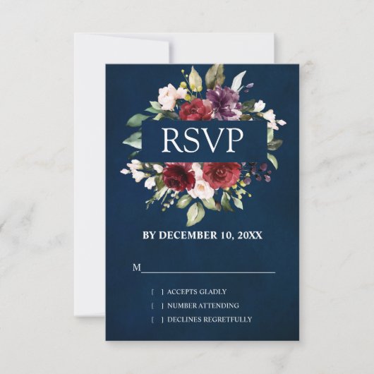 ロマンチックな水彩画のバーガンディレッドのブッシュローズの花束 出欠カード (正面)