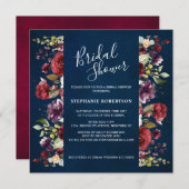 ロマンチックな水彩画のバーガンディレッド ネイビー ローズ フローラル 招待状 (正面/裏面)