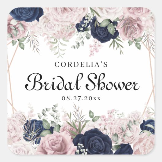 ロマンチックな水彩画のピンクのバラ ブライダルシャワーのお favors スクエアシール (正面)