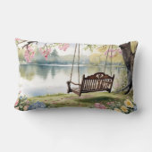 ロマンチックな水彩画の庭園にある湖畔のブランコ ランバークッション (裏面)