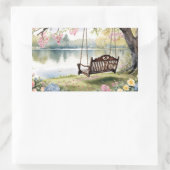 ロマンチックな水彩画の庭園にある湖畔のブランコ 長方形シール (バッグ)