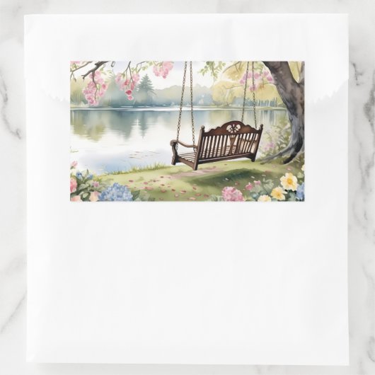 ロマンチックな水彩画の庭園にある湖畔のブランコ 長方形シール (バッグ)
