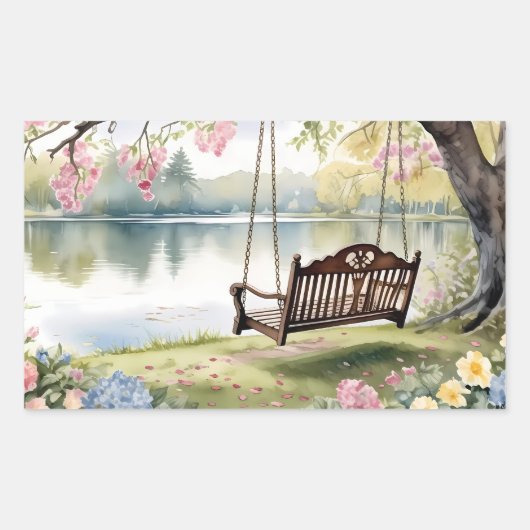 ロマンチックな水彩画の庭園にある湖畔のブランコ 長方形シール (正面)