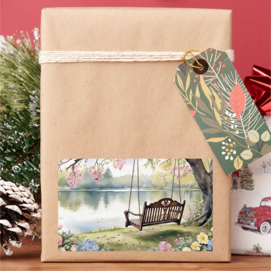 ロマンチックな水彩画の庭園にある湖畔のブランコ 長方形シール (クリスマス)