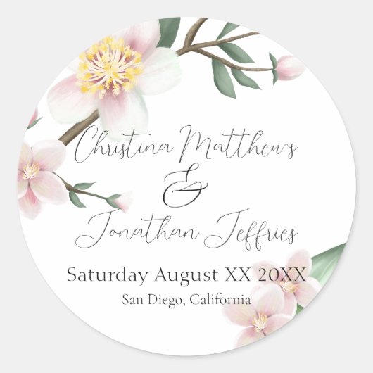 ロマンチックな水彩画の桜の花 ラウンドシール (正面)