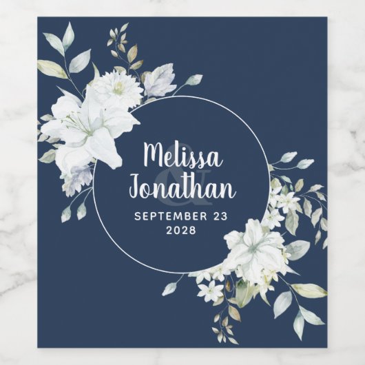 ロマンチックな水彩画の白い花のウェディングカスタム ワインラベル (シングルラベル)