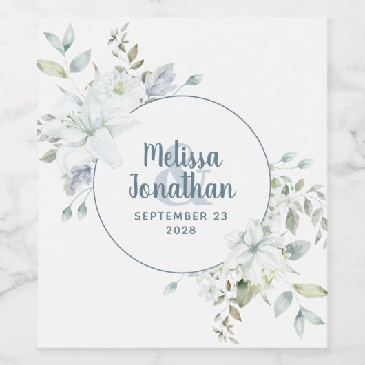 ロマンチックな水彩画の白い花のウェディングカスタム ワインラベル (シングルラベル)