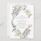ロマンチックな水彩画の白と青の花のウェディング 招待状 (正面)