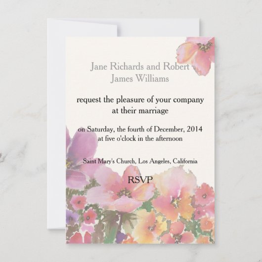 ロマンチックな水彩画の結婚式の花 招待状 (裏面)