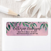 ロマンチックな水彩画の葉緑の枝 ピンク背景 ラベル (インサイチュ)