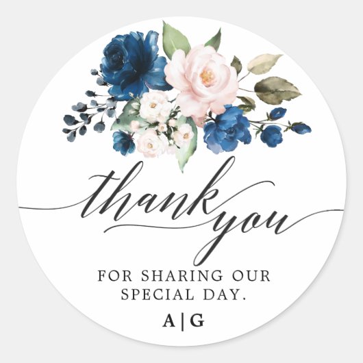 ロマンチックな水彩画 ネイビーブルー ブラッシュ ローズ フローラル ラウンドシール
