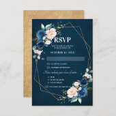 ロマンチックな水彩画 ネイビーブルー 花柄 幾何学模様 出欠カード (正面/裏面)