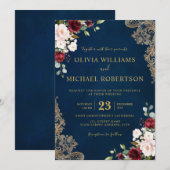 ロマンチックな水彩画 ワインレッド ネイビー ゴールド 花柄 招待状 (正面/裏面)