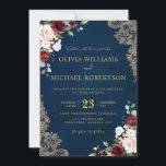 ロマンチックな水彩画 ワインレッド ネイビー ゴールド 花柄 招待状<br><div class="desc">エレガントでモダンなロマンチックな水彩画の花のウェディング招待状。腰帯には、ワインレッド/マルサラ、ソフトピンク、パープル、ピーチの水彩画のバラの花束と、ネイビーブルーの背景にゴールド/金箔の葉とレースの角が特徴です。秋/真夏のウェディングに最適です。私の「blissweddingpaperie」ストアで、さらに多くのマッチングデザインとバリエーションをご覧ください。カスタマイゼーションやマッチングアイテムについては、お気軽にお問い合わせください</div>