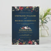 ロマンチックな水彩画 ワインレッド ネイビー ゴールド 花柄 招待状 (スタンド正面)