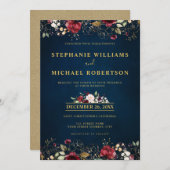 ロマンチックな水彩画 ワインレッド ネイビー ゴールド 花柄 招待状 (正面/裏面)