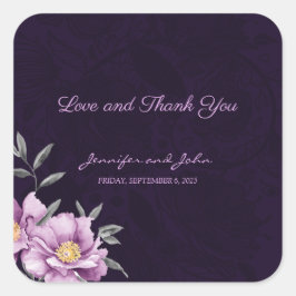 ロマンチックな水彩紫牡丹結婚の スクエアシール
