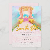 ロマンチックな水彩花のアーチの結婚式お知らせカード セーブザデート (正面/裏面)