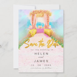 ロマンチックな水彩花のアーチの結婚式お知らせカード セーブザデート