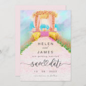 ロマンチックな水彩花のアーチの「Save the Date」カード セーブザデート (正面/裏面)
