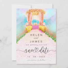 ロマンチックな水彩花のアーチの「Save the Date」カード セーブザデート