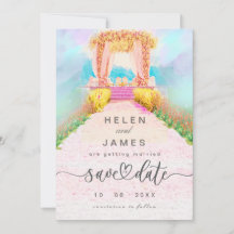 ロマンチックな水彩花のアーチのSave the Dateカード