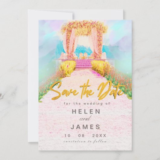 ロマンチックな水彩花のアーチ Save the Date セーブザデート (正面)