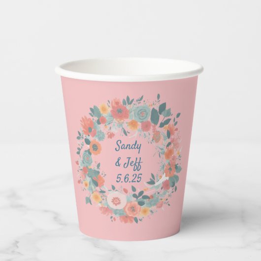 ロマンチックな水彩花のウェディングリース 紙コップ (正面)