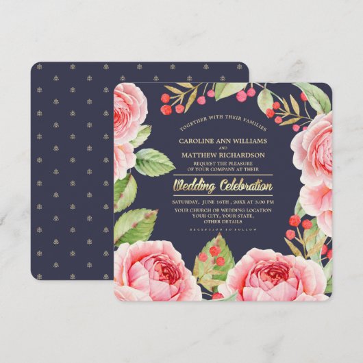 ロマンチックな水彩花のネイビーブルー結婚式 招待状 (正面/裏面)
